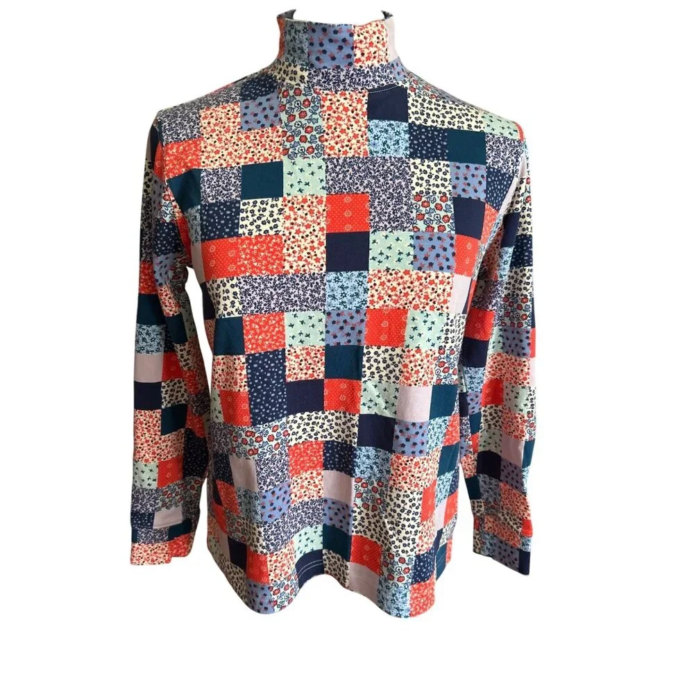 Lands End Womens Patchwork Print Mock Neck 100% Cotton Top Size Small